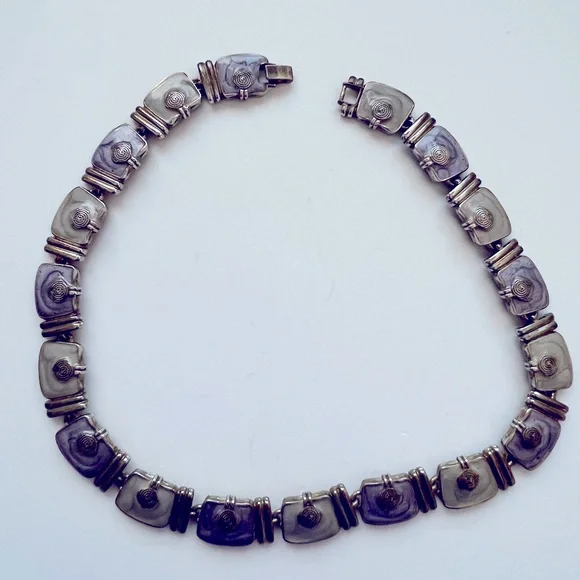 Vintage Gold Tone Enameled Light Purple and Off White  17.5” Necklace