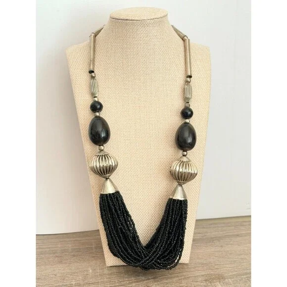 Vintage Silver Tone & Black Multi-Strand Seed Bead Bib Statement Necklace