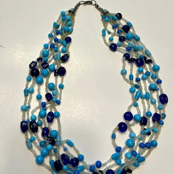 VINTAGE  Czech GLASS SEED BEAD COBALT BLUE MULTI STRAND NECKLACE 22