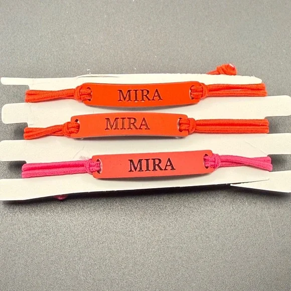 Mira Name‎ Bracelet Set of 3 Red and Pink Elastic Cord Personalized Jewelry