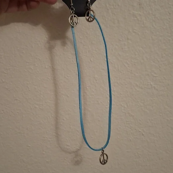 Peace Symbol Blue Necklace and Earring Set