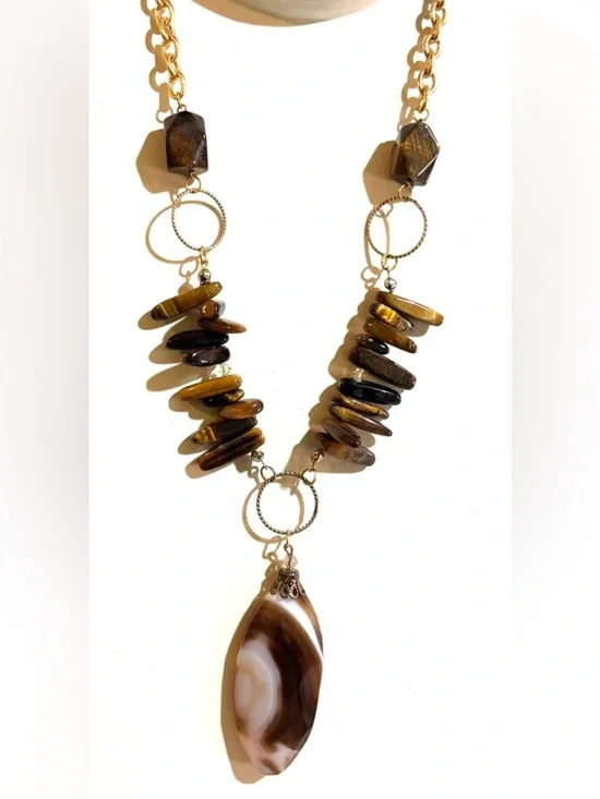 Brown Tiger's Eye Pendant Necklace with Gold-Tone Rings