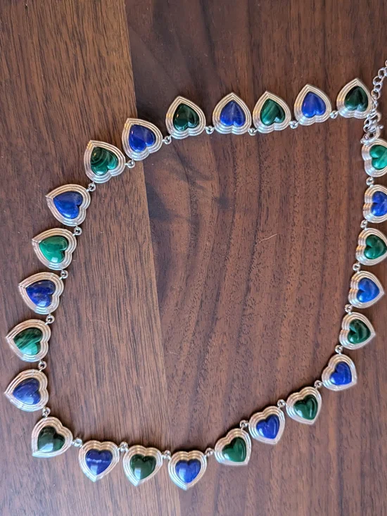 Sterling Silver 925 Heart Necklace with Lapis Lazuli And Malachite - Like New!