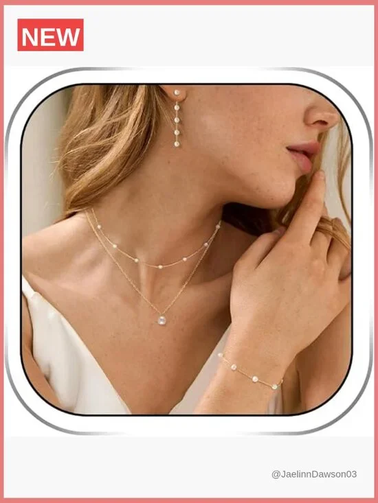 Women's Dainty Gold Pearl Choker Necklace Earring Bracelet Set