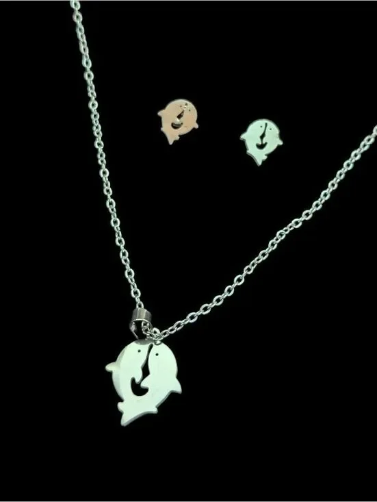 Silver Dolphin Necklace and Earring Jewelry Set Stainless Steel Summer Beach