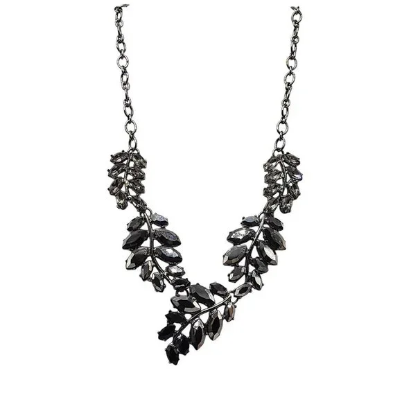 Ann Taylor Loft Black Rhinestone Leaf Statement Necklace With Adjustable Chain