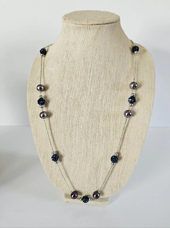 Vintage RMN Roman Blue Faux Pearl Beaded Silver Tone Opera Length Chain Necklace
