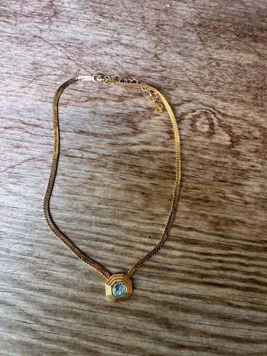 Christian Dior Gold Tone Blue Crystal Necklace Octagon Pendant 15-17” Vintage