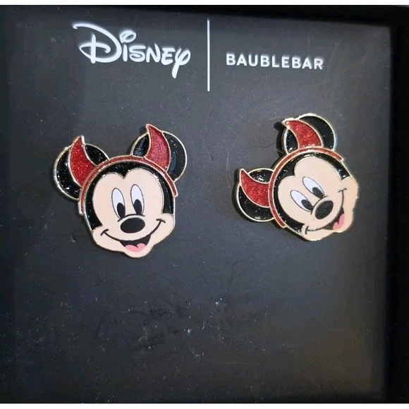 NIB BaubleBar/Disney Mickey Mouse w/Devil Horns Pierced Earrings Studs Halloween