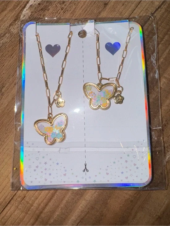Kids Gold BFF Butterfly Pendant Necklace Set with Iridescent Inlay
