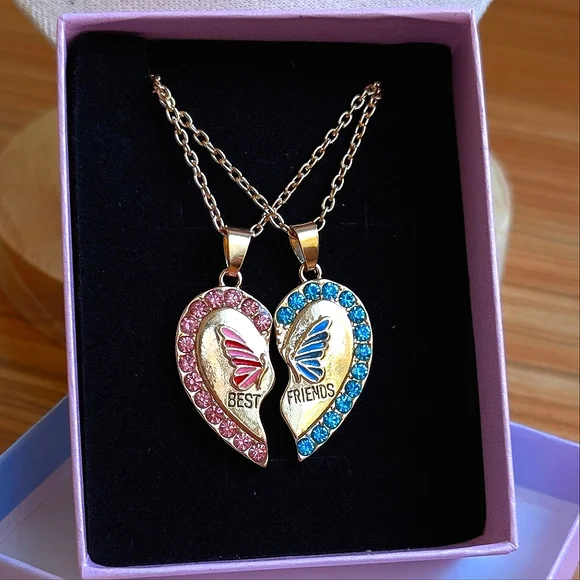 BEST FRIENDS necklace set pink blue gold butterfly rhinestones BFF gift