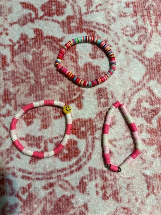 Kids Pink & Multicolor Beaded Stretch Bracelets Set - Cute Smile Charm