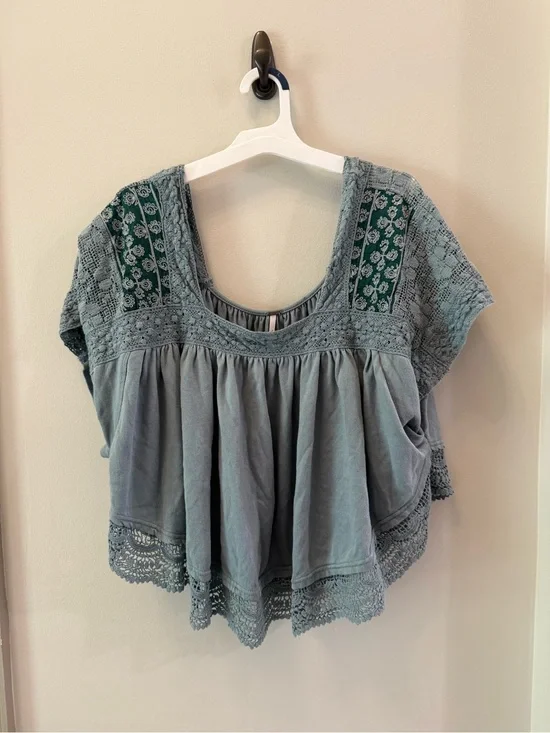 Free People Prairie Days Blue Boho Embroidered Pullover Top