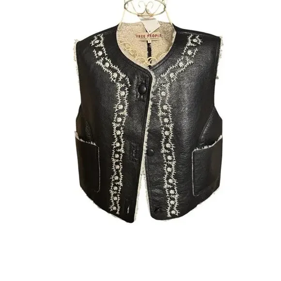 FREE PEOPLE Faux Leather Fur Lined  Vest XS Black Embroidered