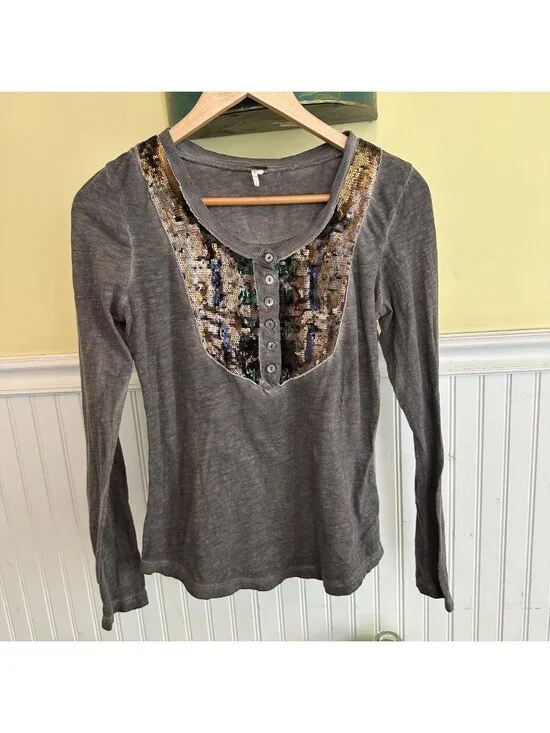 Free People Gray Long Sleeve Sequin Button-Down Womens Top