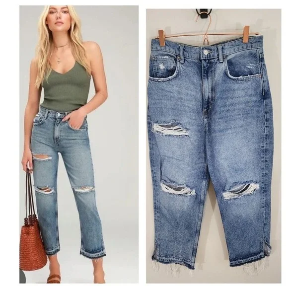 Free People We The Free Lita Distressed High Rise‎ Jeans 30 Light Wash Raw Hem