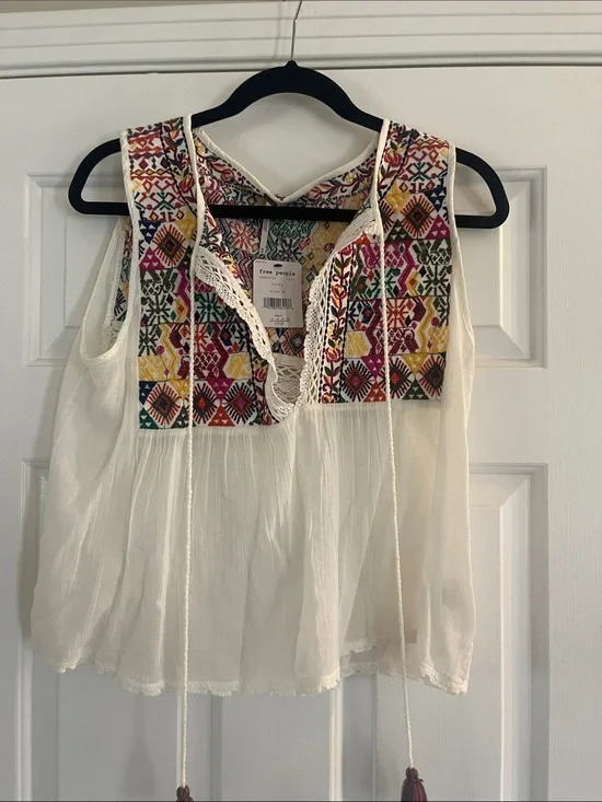 Free People Cream Gauze Camisole with Multicolor Embroidered Yoke
