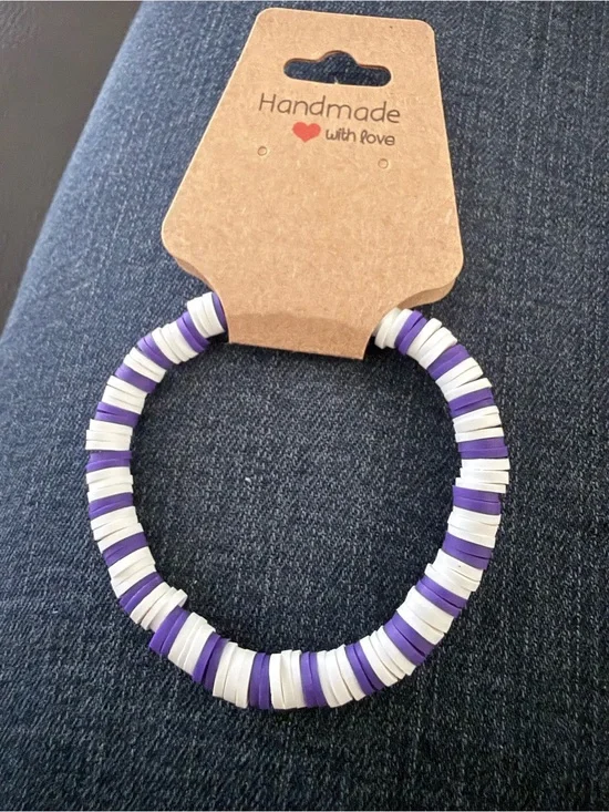 Kids Stretch Bead Bracelet in Purple & White - Handmade