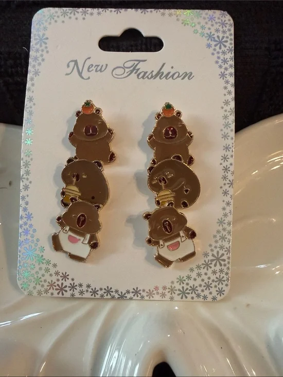 Kids Brown Bear Stack Earrings - Cute Brown Bear Design