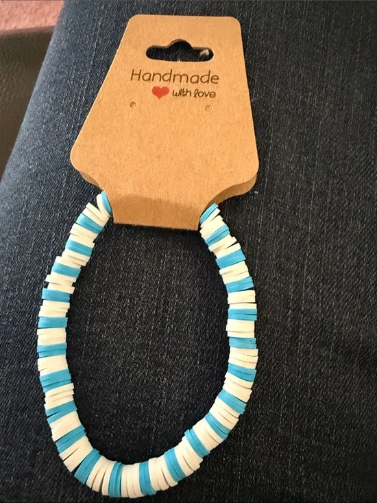 Handmade Kids Blue & White Beaded Stretch Bracelet