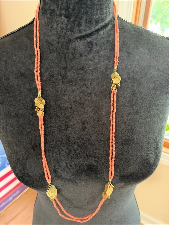 Loft long double strand necklace w/ coral seed beads and gold tone disc clusters