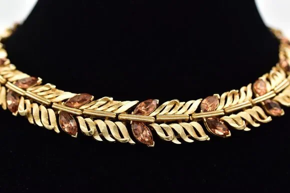 Lisner Vintage Choker Collar Necklace Crystal Brushed Gold Chunky Signed BinBJ