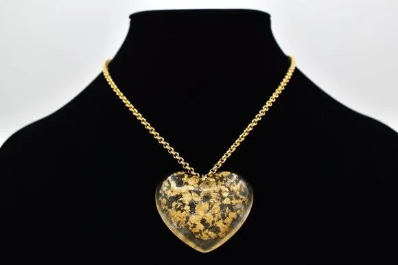 Vintage Heart Pendant Necklace Gold Foil Lucite Resin Designer Signed BinBJ