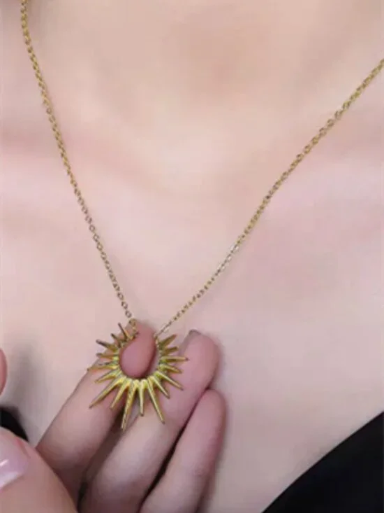 Gold Tone Hollow Sunburst Pendant Thin Chain Dainty Layering Necklace
