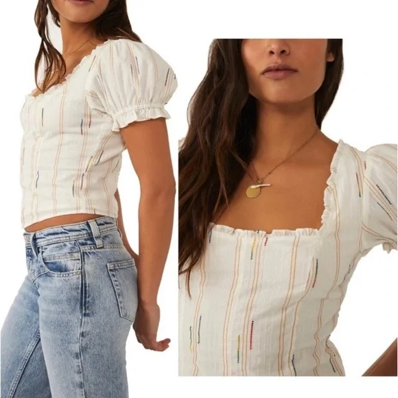 Free People Serotonin Corset Top White Puff Sleeve Top Colorful Rainbow Stitches