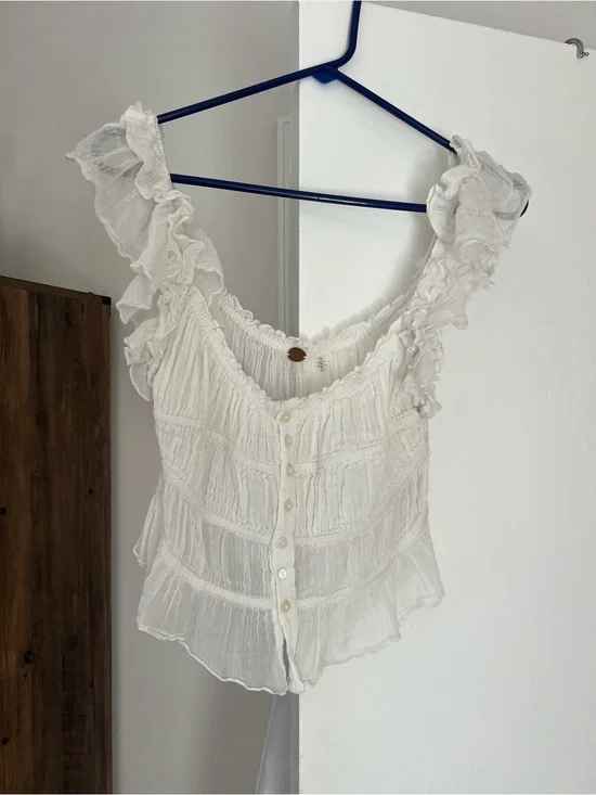 Free People White Ruffled Button-Front Blouse