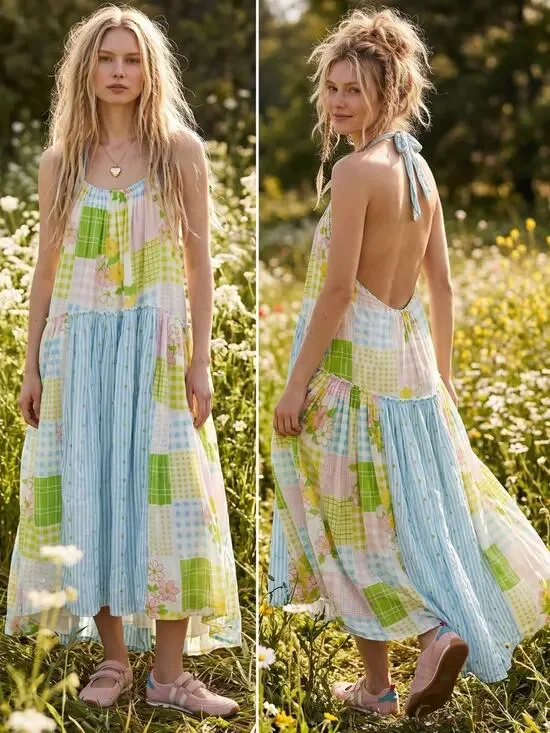Free People Cottage Embroidered Patched And Pretty Halter Midi Maxi Dress Medium