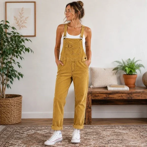Free People Corduroy Overalls Womens 29 Straight Leg Distressed Mustard Yellow