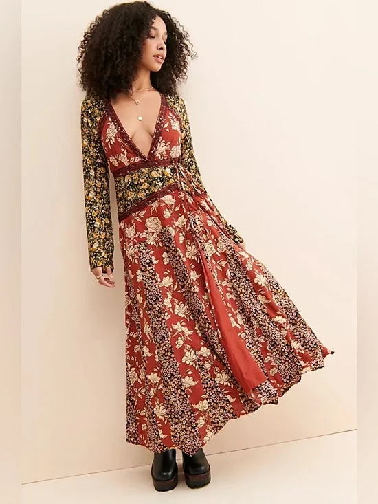 Free People Rust Floral Patchwork Maxi Dress
