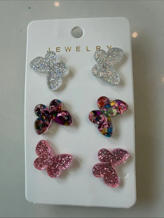 Kids Glitter Butterfly Stud Earring Set - Pink, White, Multi