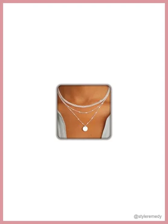 14K Gold Plated Dainty Layered Necklace Set Cuban Herringbone Paperclip Pendant