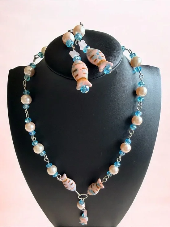 Handcrafted Blue Pearl & Glass Bead Necklace and Earrings Set
