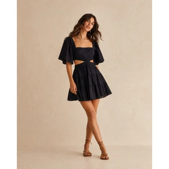 Free People Cross Of Sunlight Mini Dress Sz XS Black Cut Out Linen Blend Summer