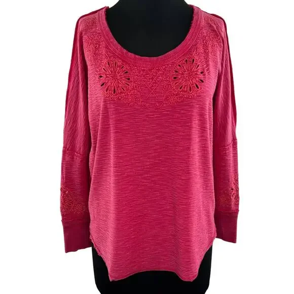 Free People Intimately Pink Long Sleeve Eyelet Back Cut-Out Cotton Top Size XS