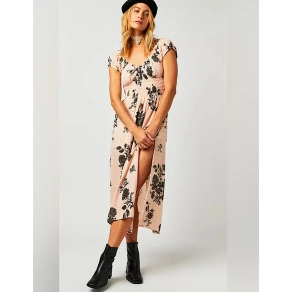 Free People Forget Me Not Midi Dress Sz Small Peach Floral Cottage core Boho