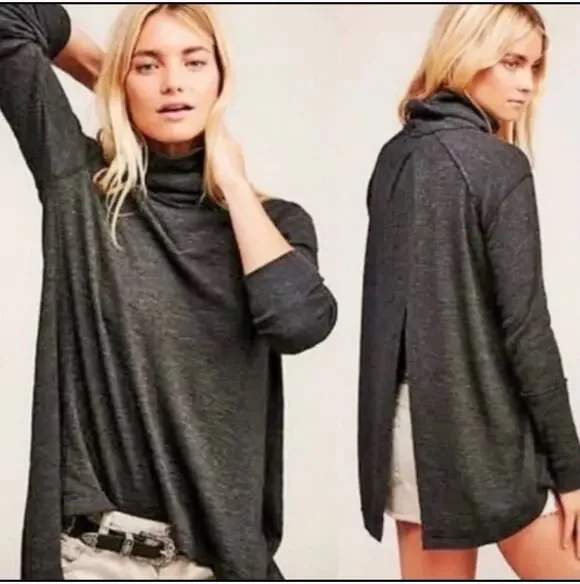 Free People Top Split Back Turtleneck Charcoal Gray Blouse S Sweater Shirt Boho