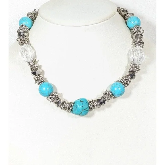 Beachy Coastal Blue Stone Faux Turquoise Bold Beaded Necklace 20‎ inch