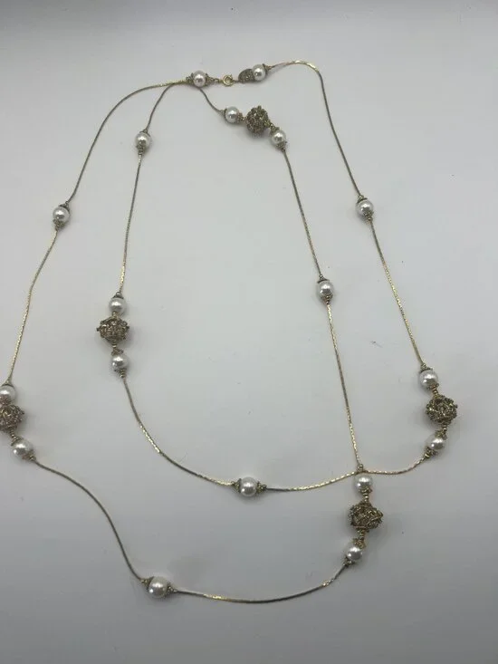 The Limited Vintage Gold Tone Pearl Filigree Ball Station Necklace
