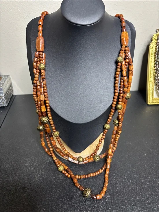 Layered Boho Brown Wooden Bead Necklace with Brass Accents