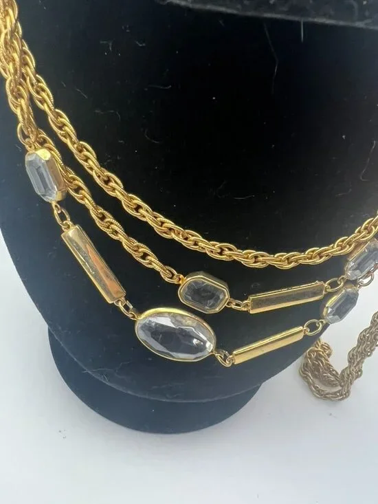 Vintage Gold Tone Rope Chain Necklace Crystal Rhinestone Station Layered