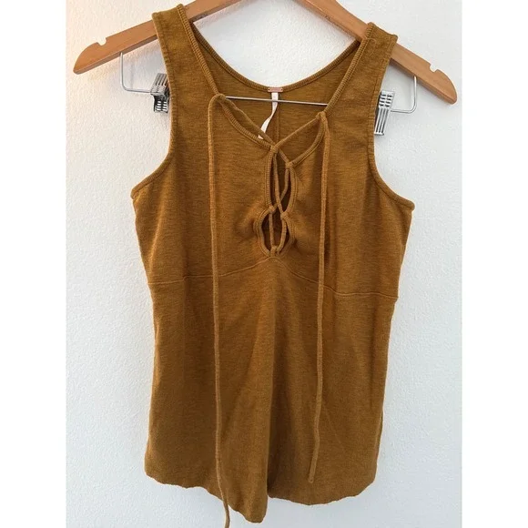 Free People Brown Criss‎ Cross Tie Ribbed Tank Top Size Medium  Cotton Blend