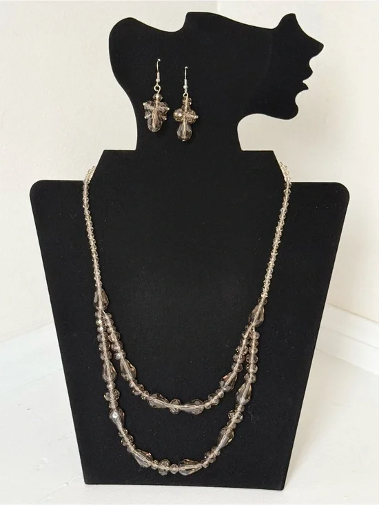 Smoky Bead Layered Necklace & Earrings Set - Unbranded