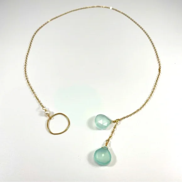 10K Gold Plated Aquamarine Tear Drop Freshwater Pearl Necklace Lariat Elegant