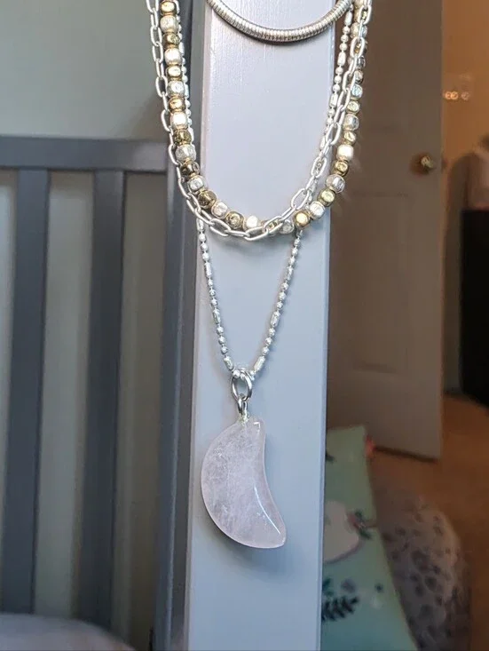 Layered Silver and Gold Necklace with Light Pink Crystal Crescent Moon