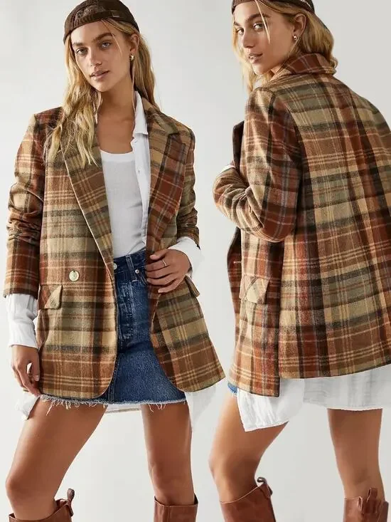 Free People Wool Mari Tartan Plaid Blazer Winter Wheat Large Dark Academia