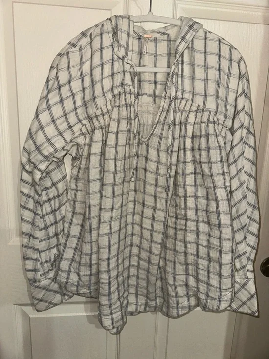 Free People Lightweight White and Blue Plaid Hooded Gauzy Cotton Tunic Top S